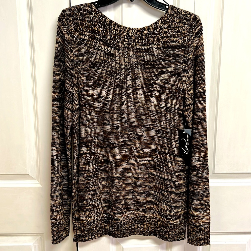 Kim Rogers Black Khaki Long Sleeve Boat Neck Knit Top Size XL NWT